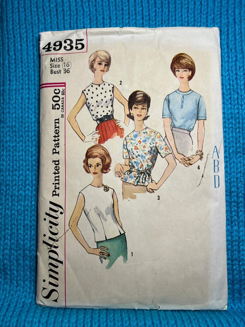 Butterick Sewing Pattern 4935 Blouse short no sleeve 1960s size 16